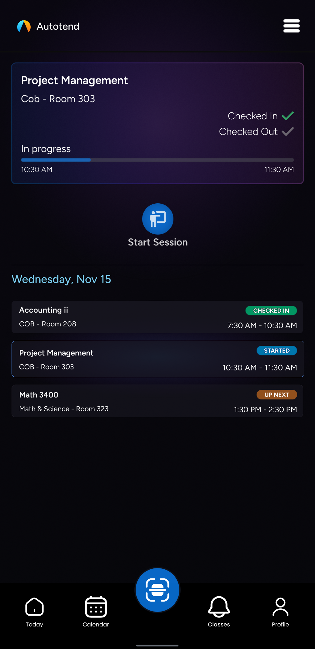 Autotend today screen with class schedule and active session