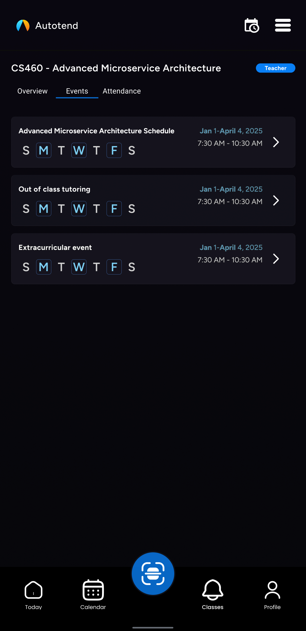 Autotend course page showing a teacher's event list